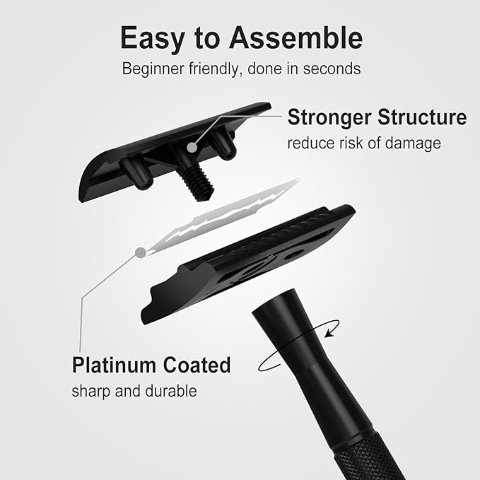 Safety Razor with Stand, Single Blade Razors for Men and Women, Reusable Metal Razor, with 10 Double Edge Blades, Smooth Close Shave, Plastic Free, Matte Black