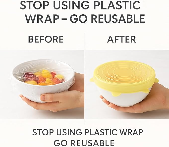 Reusable Silicone Stretch Lids | 6 Pack Food Storage Covers for Bowls, Containers & Cups | Airtight, Leakproof, BPA-Free, Microwave & Freezer Safe | Flexible Reusable Food Savers Yellow