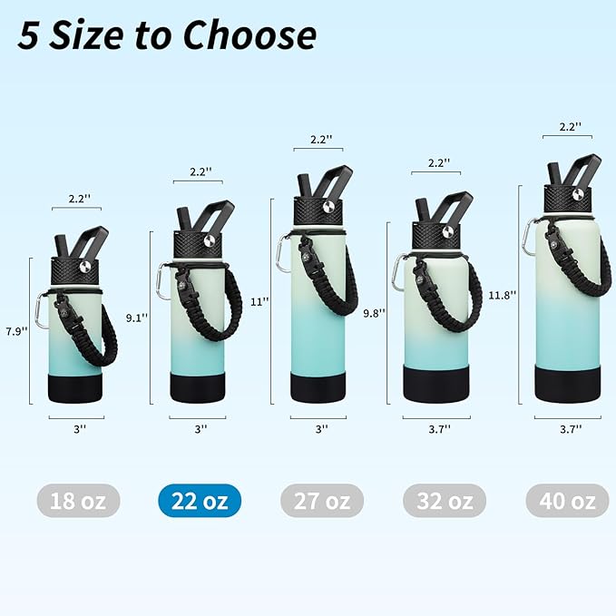 BJPKPK Insulated Water Bottle with Straw Lid, 22oz Thermal Flasks Water Bottles with 3 Lids, Paracord Handle & Non-slip Boot, BPA Free Leak Proof Stainless Steel Tumblers, Cups,Mint