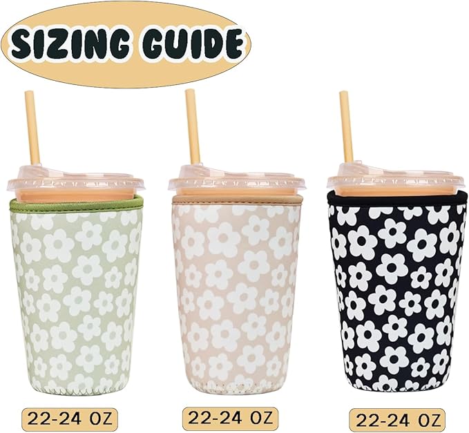 3 Pieces Reusable Insulated Neoprene Iced Coffee Cup Sleeve, Durable Drink Sleeve for Cold Beverages, Beverage Holder for Iced Coffee, 22-24 oz Medium (Floral Trio)