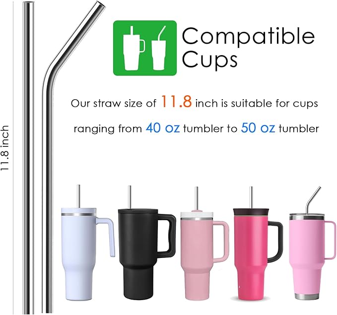 Reusable Straw Compatible for Stanley 40oz Tumbler Metal Stainless Steel Straws,Fit for 40oz Stanley Cup Tumbler,2 Straight + 2 Curved Reusable Straws with Cleaning Brush