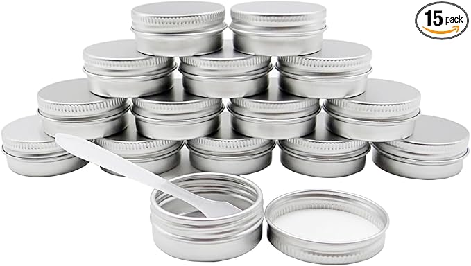 15 Pack 15g Travel Size Metal Round Tins, 15ml Silver Aluminum Tin Cans Containers with Screw Lid for Makeup Samples, Nails, Lip Gloss Balm, Salve, Spices, Candy, Candle, Tea, FREE Spatulas