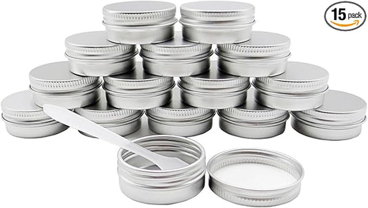 15 Pack 15g Travel Size Metal Round Tins, 15ml Silver Aluminum Tin Cans Containers with Screw Lid for Makeup Samples, Nails, Lip Gloss Balm, Salve, Spices, Candy, Candle, Tea, FREE Spatulas