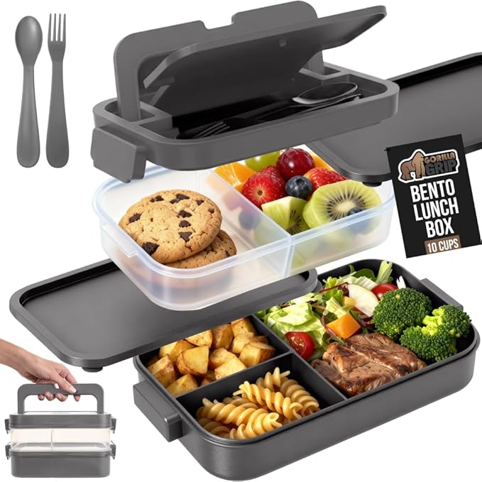 GORILLA GRIP BPA-Free Leakproof 5-Compartment Bento Lunch Box for Adults, Kids, Holds 10 Cups, Microwave Safe Hot and Cold Food Containers, Easy to Carry Lid Includes Built-In Utensils Set, Gray