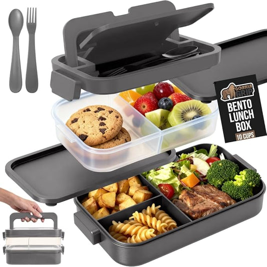 GORILLA GRIP BPA-Free Leakproof 5-Compartment Bento Lunch Box for Adults, Kids, Holds 10 Cups, Microwave Safe Hot and Cold Food Containers, Easy to Carry Lid Includes Built-In Utensils Set, Gray