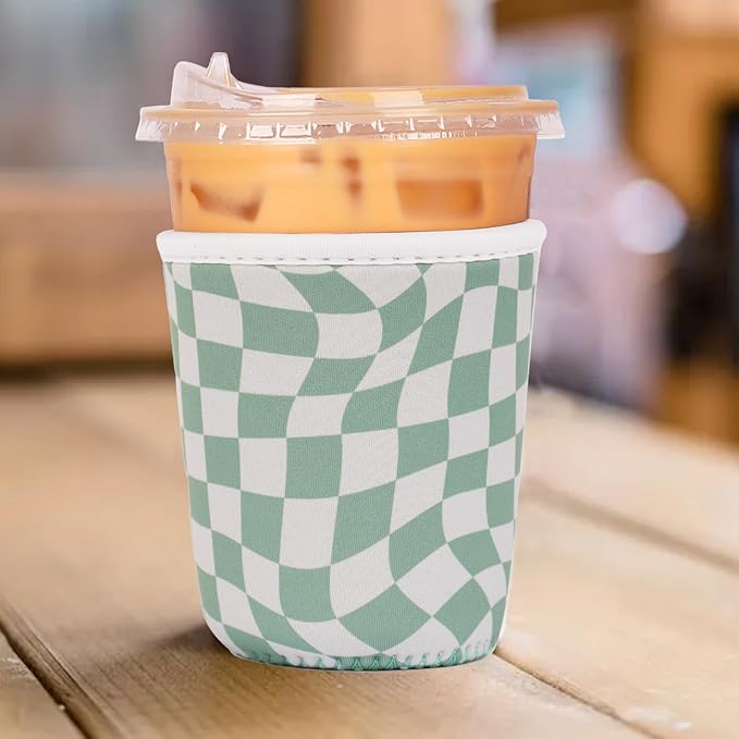Reusable Insulated Neoprene Iced Coffee Cup Sleeve, Durable Drink Sleeve for Cold Beverages, Beverage Holder for Iced Coffee, Wavy Grid