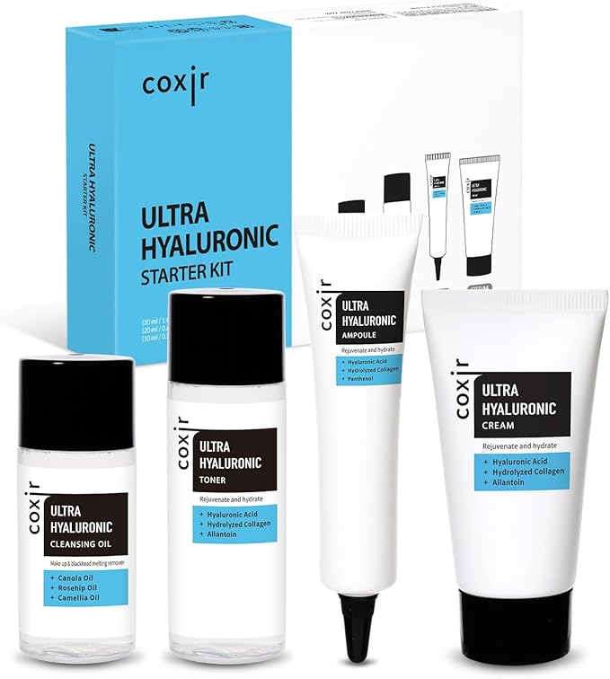[Christmas Gift] coxir Ultra Hyaluronic Holiday Gift Set – Cleansing Oil + Toner + Ampoule + Cream |Mini Skincare Kit, Travel-Size Korean Skincare Set, Hydrating Routine | Christmas Mini Gift