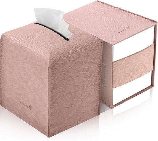 Tissue Box Cover 5X5X5'' PU Leather Tissue Holder Square Tissue Cube Box Organizer for Bathroom Vanity Countertop, Car, Night Stands, Office, Home, Kitchen (2Pack, Pretty Pink)