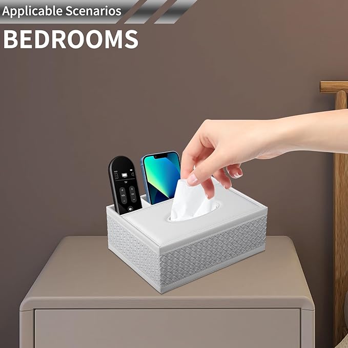 Multifunction PU Leather Tissue Box Holder with Stationery Remote Control Box, Decorative Tissue Pen Pencil Remote Organizer for Home and Office Use(White)