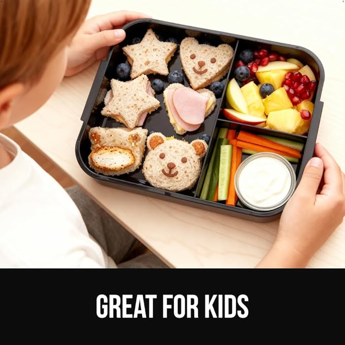 GORILLA GRIP BPA-Free Leakproof 5-Compartment Bento Lunch Box for Adults, Kids, Holds 10 Cups, Microwave Safe Hot and Cold Food Containers, Easy to Carry Lid Includes Built-In Utensils Set, Black