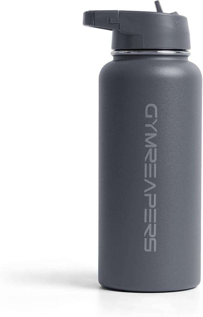 Gymreapers Insulated Water Bottle - Stainless Steel 32 Oz, 3 lids (Straw, Chug, Canteen), Double Walled Vacuum Insulation, Thermo Mug Cold Hot - Durable Powder Coated Finish
