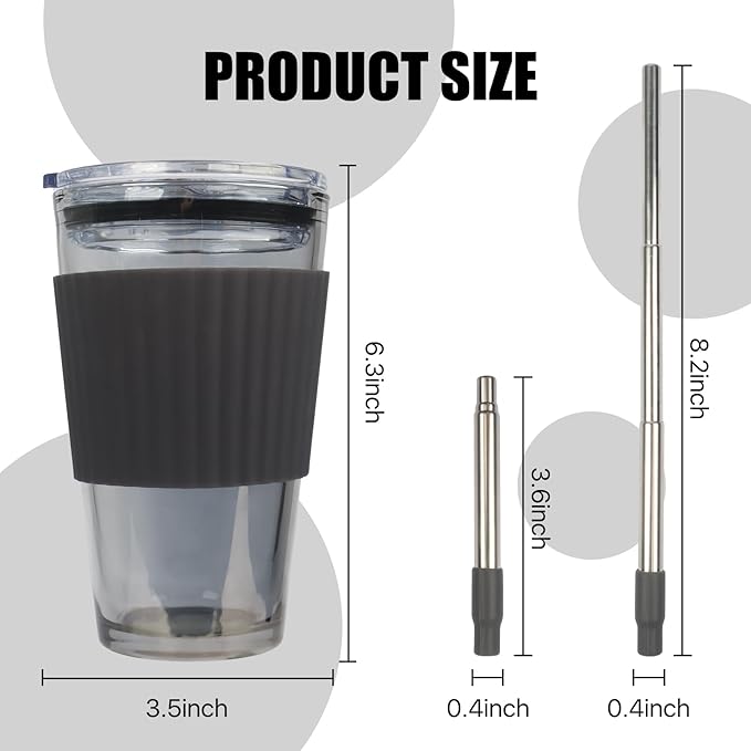 Black Glass Cups with Lid and Straw, 16 oz Glass Coffee Cup,Reusable with Temperature Sensitive Silicone Sleeve and Silicone Straw .Travel Iced Coffee Cup for Juice, Milk Tea and Smoothie(single pack)