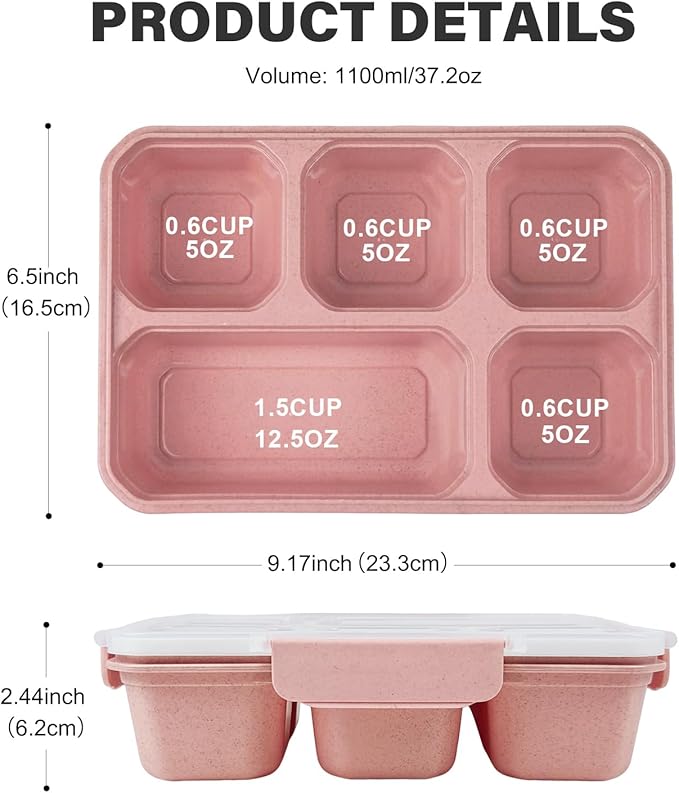 greenandlife 4 Pack Bento Lunch Box Set for Kids Adults, 5 Compartment Reusable Wheat Straw Meal Prep Food Storage Snack Containers, Microwave and Dishwasher Safe, INS