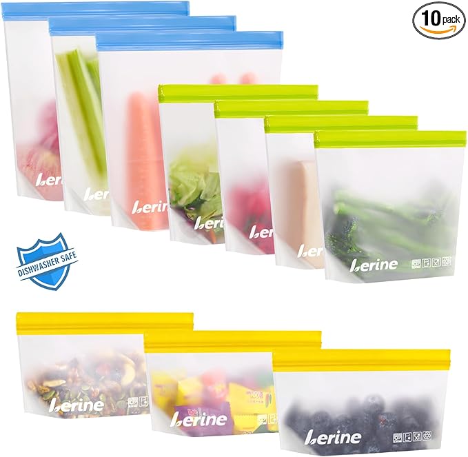 Lerine 10 Pack Stand-Up Reusable Freezer Bags Silicone, Leakproof Dishwasher Safe Food Storage Bags, BPA Free Reusable Gallon Bags for Marinating, Meal Prep - 3 Gallon 4 Sandwich 3 Snack (Multicolor)