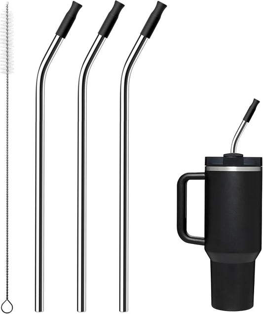 Reusable Stainless Steel Straws with Silicone Tip for Stanley 40oz, Metal Drinking Straws for 40oz Tumbler,3 Bent Tubes & 6 Tips& 1 Cleanr Brush (Black)