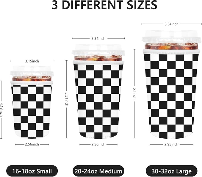 3 Pack Iced Coffee Sleeve, Reusable Insulated Neoprene Cup Sleeve for Cold & Hot Drinks Beverages, Cup Holder for 16-32oz Coffee Cups, Black Plaid