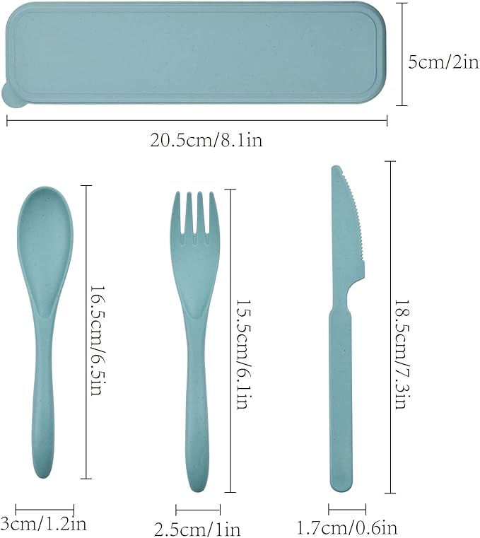 2 Sets Reusable Utensil Set with Case, Portable Camping Fork Knife Spoon Set, Wheat Straw Travel Utensils for Lunch Box, for School Work Lunch or Daily Use (Green, Blue)