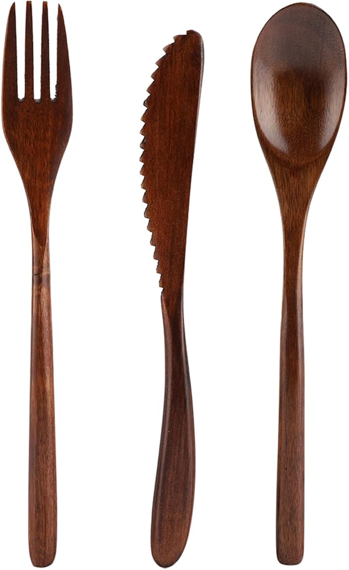 Japanese Style Bamboo Travel Utensils Set, Reusable Bamboo Utensil Fork Knife Spoon Dinnerware Set for Travel Picnic Office School(Knife & Fork & Spoon Only)