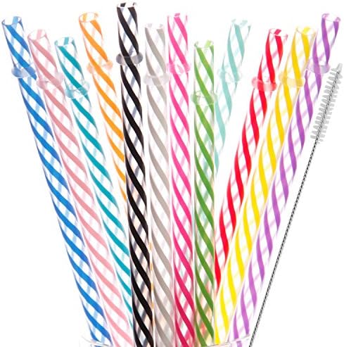 Dakoufish 12 Piece 10 Inch Reusable Plastic Thick Drinking Straws BPA Free Mason Jar Straws Transparent Small Stripe (10inch, Mix 12color) by Dakoufish