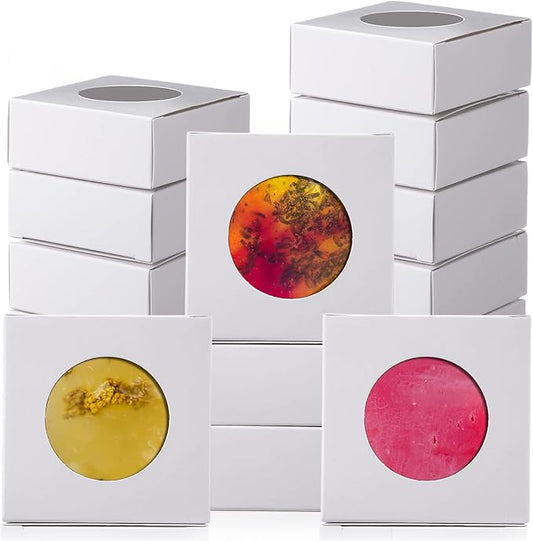 TaoBary 100 Pcs Soap Boxes for Homemade, 3 x 3 x 1.2 Inch Small Paper Gift Packaging Boxes with Window, Gift Wrappers for Soap Packaging Making Party Favor(Round,White)