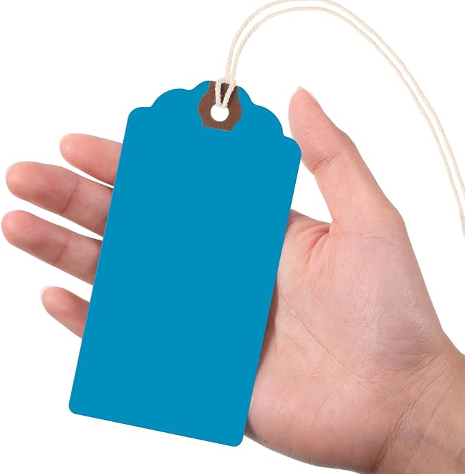 Outus 60 Pcs 4 3/4-in x 2 3/8-in Blank Large Paper Gift Tags with String and Reinforced Eyelet Wire Writable Price Tags Shipping Labels Inventory Labels(Gradient Blue)