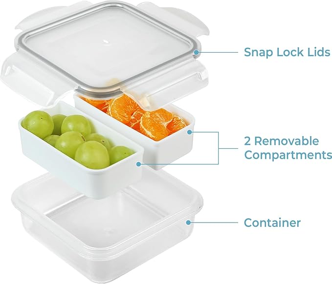 carrotez 2 Compartment Small Snack Containers, Mini Snack Containers for Mini Fridge, Small Food Storage Containers, Airtight Lids, Reusable, 1.1 cup, 2 PACK