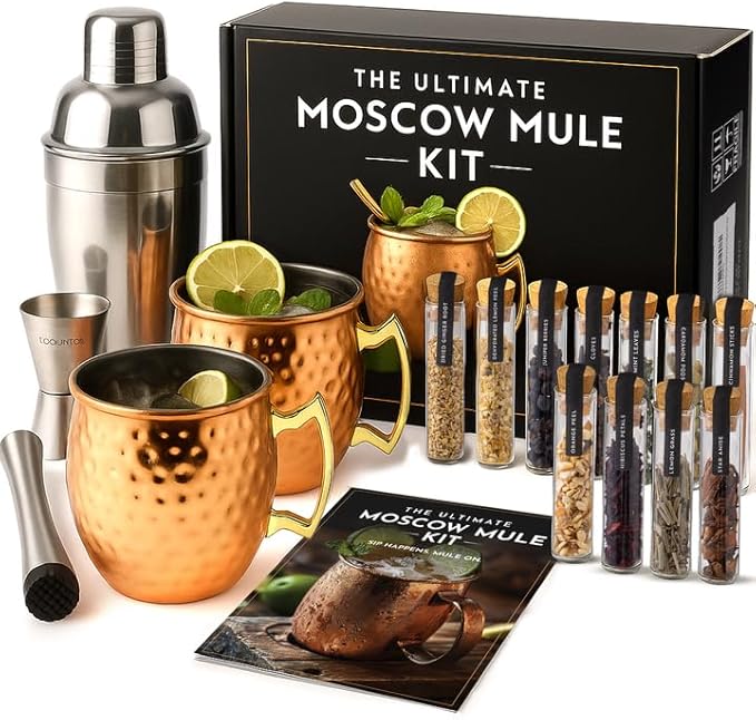 Moscow Mule Kit Gift Set - 2 Copper Moscow Mule Mugs - 11 Botanicals - Stainless Steel Shaker & Jigger - Mudder - Recipe Book -Cocktail Kit - Basket Gifts for Women - Unique Accessories for Infusion