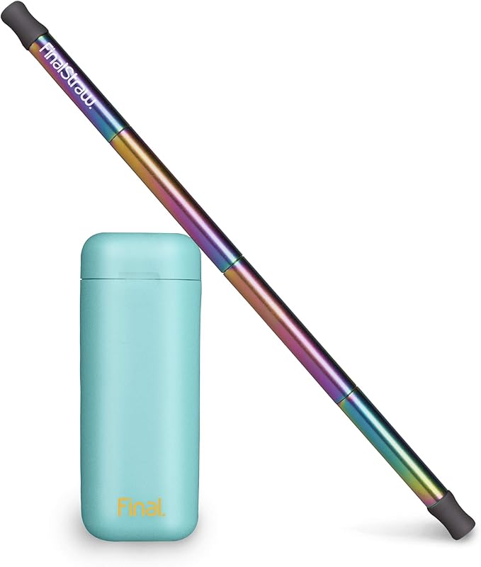 FinalStraw Collapsible, Reusable, Metal Straw | Travel Case, Cleaning Tool | Easy to Clean | Stainless Steel and 100% Silicon Tips | Eco-Friendly | Sea Tur-Teal Case, Rainbow Stainless Steel