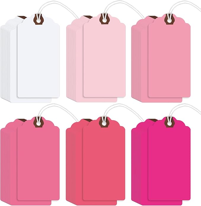 Outus 60 Pcs 4 3/4-in x 2 3/8-in Blank Large Paper Gift Tags with String and Reinforced Eyelet Wire Writable Price Tags Shipping Labels Inventory Labels(Gradient Pink)