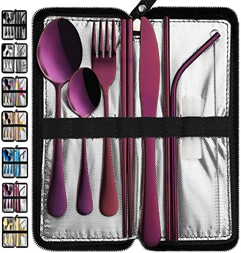 VANDBAO Portable Travel Utensils, Reusable Silverware with Case for Fixing Tableware, 9 Pieces Stainless Steel Stable Flatware Set, Camping Picnic Cutlery Set (Purple Set) by VANDBAO