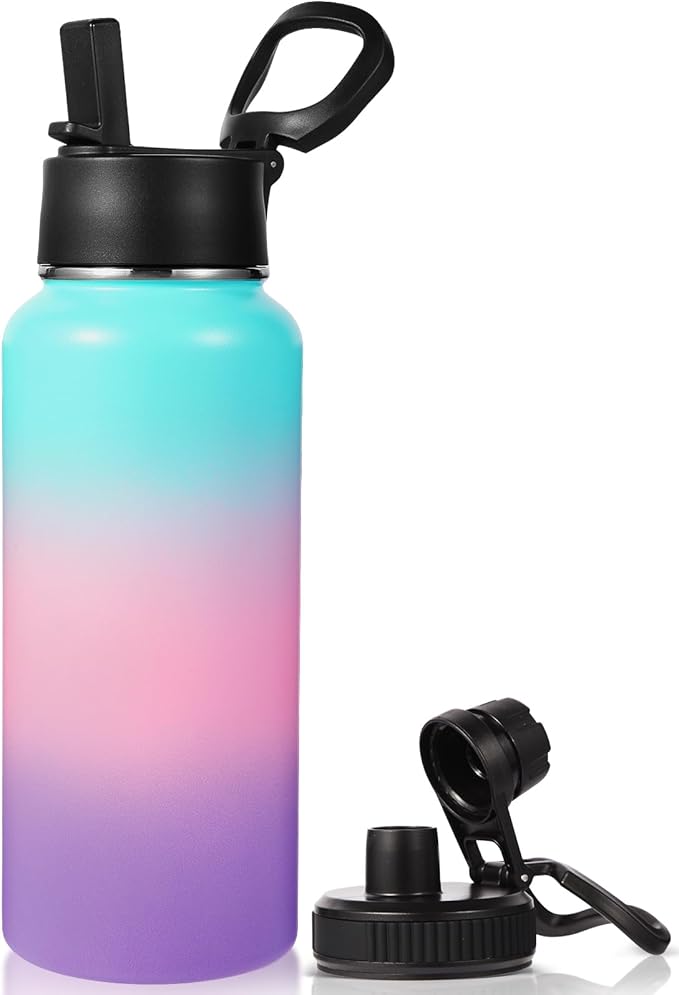 Neihepal 32 oz Insulated Water Bottle with 2 Lids (Straw & Spout Lid), 18/8 Stainless Steel Double Wall Water Bottles for Gym, Travel, Camping, Sports (Gradient Color,1Pack)