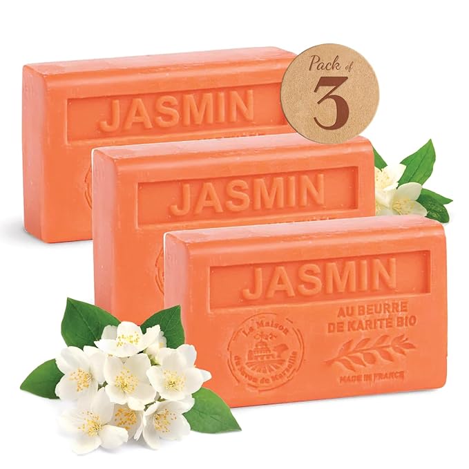 Hand & Body Soap Bars Trio - Jasmine Moisturizing French Soap with Organic Shea Butter - Rich Creamy Lather - 97% Natural Ingredients - Solid Bath Cleanser Made in Provence - 3x4.4 oz