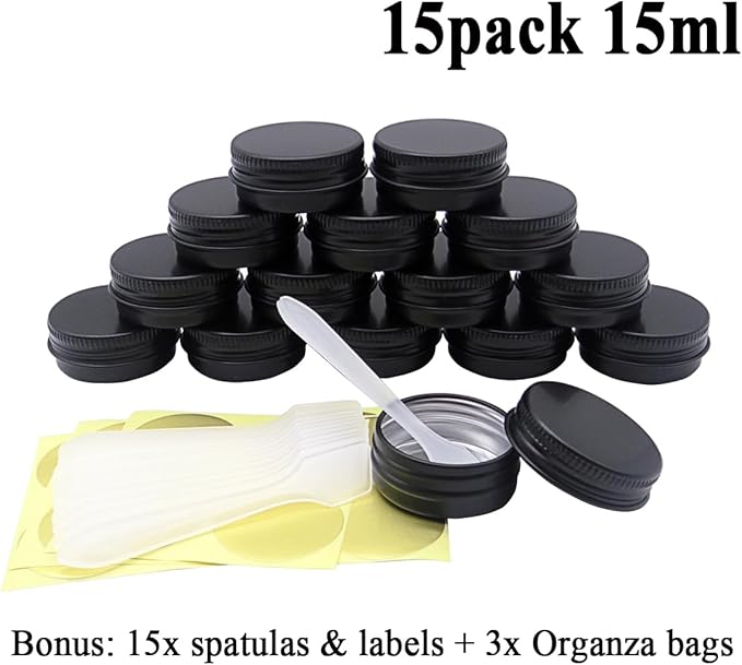 15 Pack 15g Travel Size Aluminum Tins, 15ml Black Metal Tin Cans 1/2 oz Containers with Screw Lid for Makeup Samples, Nails, Lip Gloss Balm, Salve, Slime, Spices, Candy, Paints, Candle, Tea