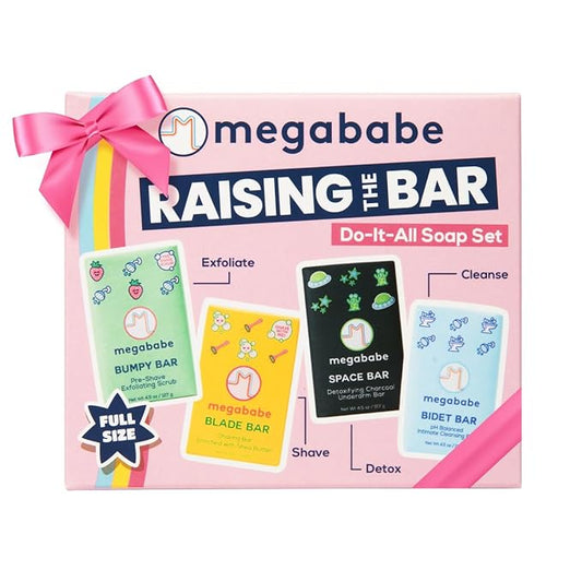 Megababe Raising the Bar Do-It-All Soap Set | Stocking Stuffer Holiday Gift | Includes Space, Bidet, Bumpy, & Blade Bars