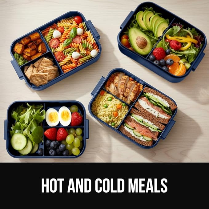 GORILLA GRIP BPA-Free Leakproof 3-Compartment Bento Lunch Box for Adults, Kids, Microwave Safe Hot and Cold Food Containers, Easy to Carry Lid Includes Built-In Utensils Set, Holds 5 Cups, Navy