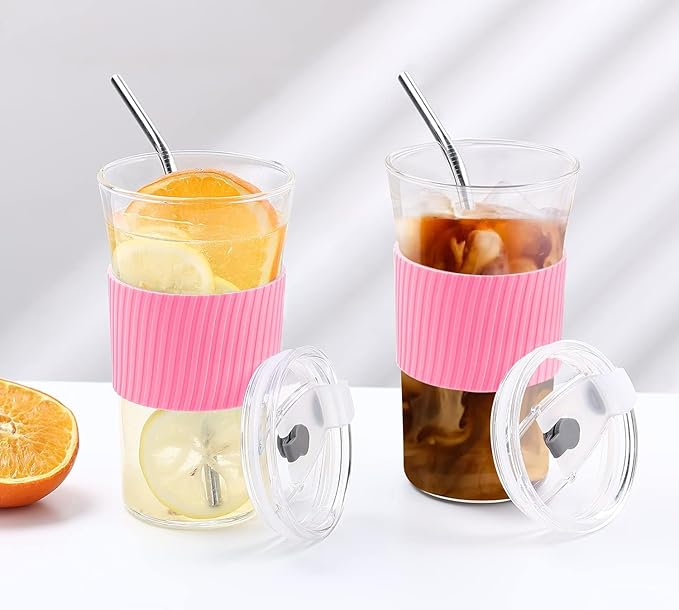 2 pcs Iced Coffee Cups with Lids, 16 oz Glass Cups with Lids and Straws, Reusable Tumbler with Silicone Sleeve, Wide Mouth Can Shaped Drinking Glasses for Coffee Juice Water Smoothie (Pink)