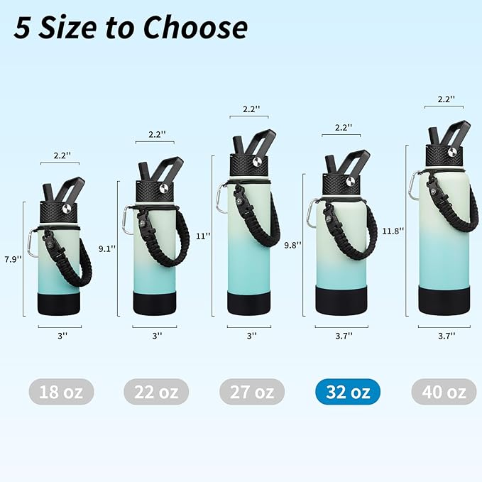 BJPKPK 32oz Insulated Water Bottles with 3 Lids, Paracord Handle & Non-slip Boot, Stainless Steel Metal Water Bottle,Reusable BPA Free Thermal Flasks, Tumblers, Mint