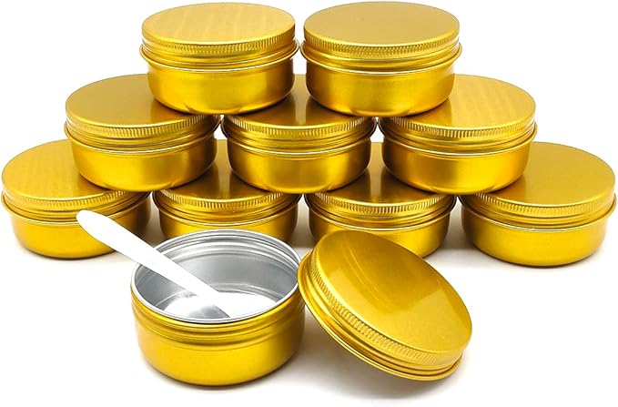 10pack 50ml Aluminum Tin, 50 Gram Gold Container Leak Proof Cosmetic Jars, 50g Small Makeup Containers Round Screw Lids for Cosmetic, Salves, Lip Balms, Toner, Cream, Candle, Tea, Beads, Wax