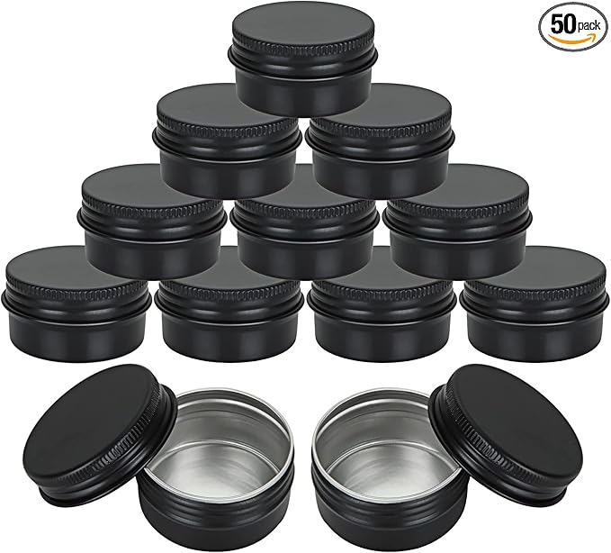 Acrux7 50 Pack 1oz Black Tins with Lids, 30 ml Aluminum Screw Top Tin Containers, Round Lip Balm Tins, Small Metal Storage Travel Tin Cans for Salves, Candles, Cream, Cosmetics, Spices (Black)