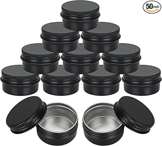 Acrux7 50 Pack 1oz Black Tins with Lids, 30 ml Aluminum Screw Top Tin Containers, Round Lip Balm Tins, Small Metal Storage Travel Tin Cans for Salves, Candles, Cream, Cosmetics, Spices (Black)