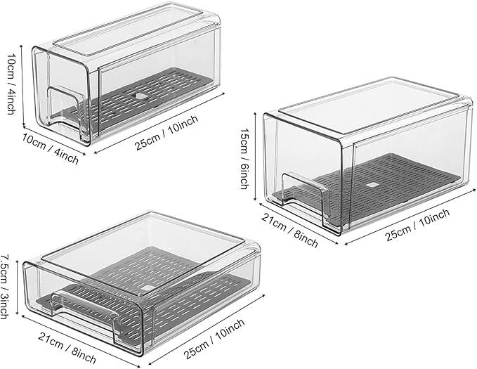 Plastic Clear Fridge Storage Organizer with Drawers & Drainer - Stackable Bins for Kitchen Fruit & Veggie Organization (Complete Set)