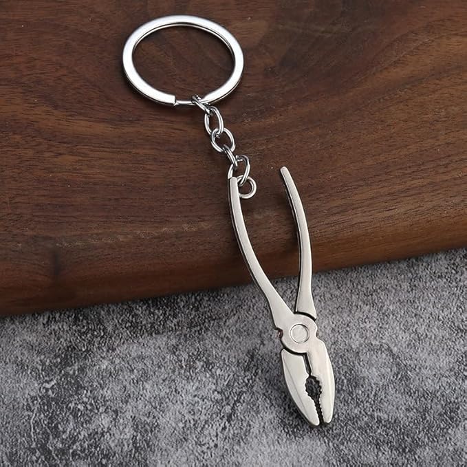 Mini Pliers Keychain Tool, Multitool Keyring Pendant, Wire Strippers, Phillips Screwdriver, Knife, File, Silver, Gift for Men Women