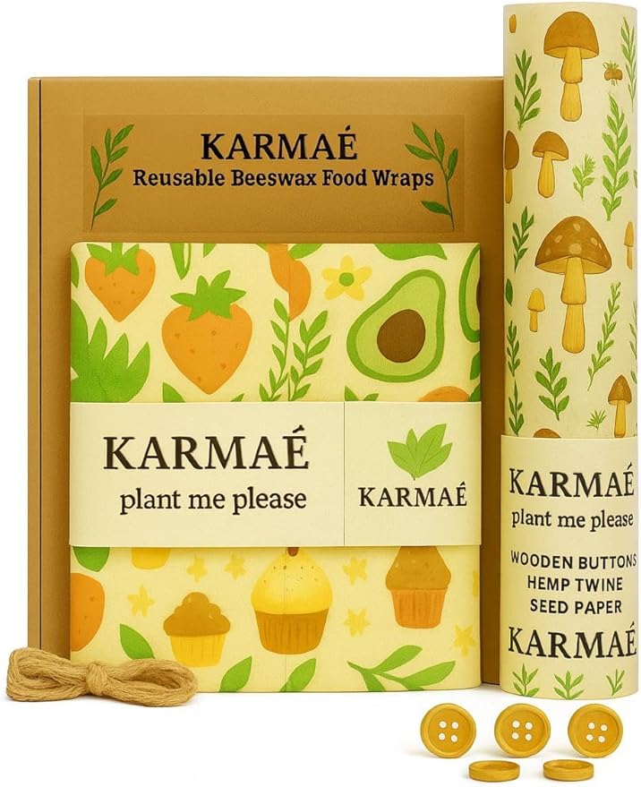 Reusable Beeswax Food Wraps – 3 Pack & Roll (16.9"-39") | Sustainable Eco-Friendly Wraps for Food Storage | Natural Beeswax Wraps with Seed Paper, Twine & Gift Packaging.