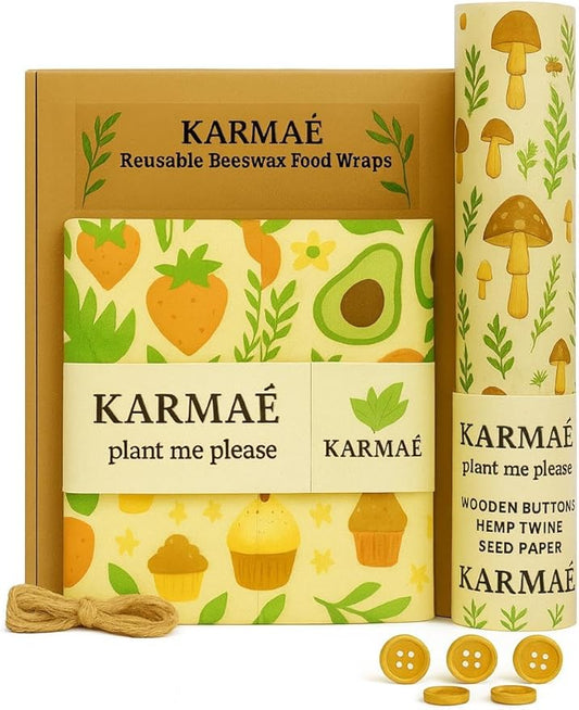 Reusable Beeswax Food Wraps – 3 Pack & Roll (16.9"-39") | Sustainable Eco-Friendly Wraps for Food Storage | Natural Beeswax Wraps with Seed Paper, Twine & Gift Packaging.