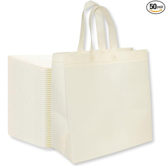 Bagways 50 PACK Reusable Grocery Bags with Handles, Durable, Foldable, Washable Eco-Friendly Shopping Totes, 14x6.5x14 Inch, Cream
