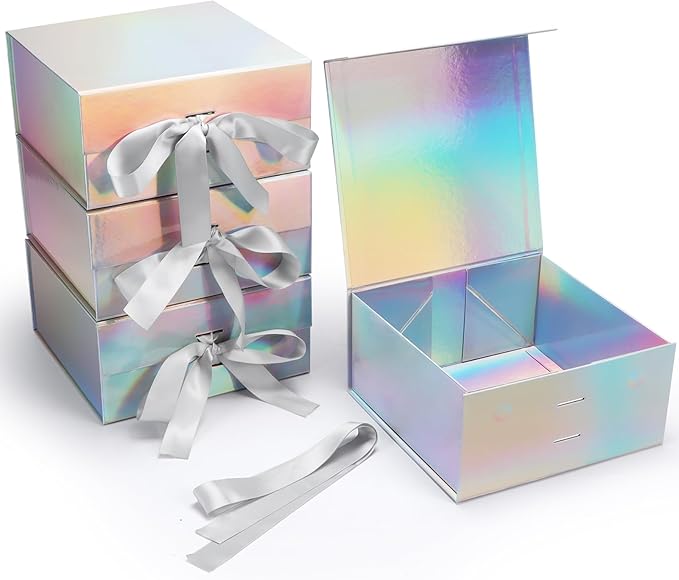 Giftgarden 4 Pack 8”x8”x4” Rainbow Silver Gift Boxes with Magnetic Lids, Collapsible Gift Wrap Box Magnet Clourse for Presents, Mothers Day, Birthday, Wedding, Bridesmaid Groomsman Proposal Box