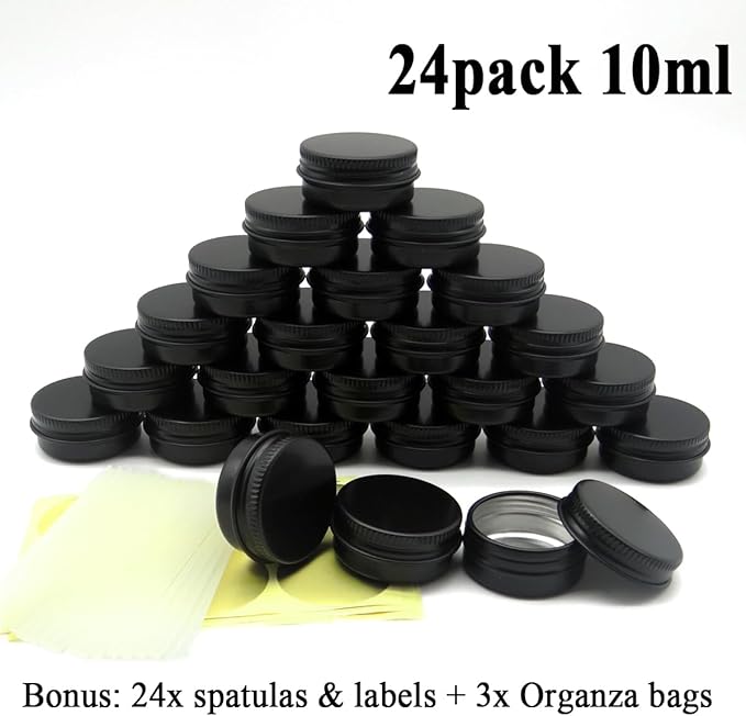 10ml Aluminum Tin Jar, 1/3 oz Makeup Containers, 10g Aluminum Screw up Lid Small Round Container Bottle for Cosmetics, Lip Balm, Cream, Toner, Eyeshadow, Candle Tea Beads, 24 Pack Black Tins