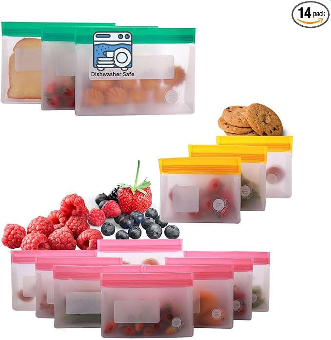 Reusable Food Storage Bags – 14-Pack Stand-Up, BPA-Free, Freezer, Dishwasher Safe & Eco-Friendly – 3 L, 8 M, 3 S Bags – Airtight Leakproof, Sandwich, Snack, and Meal Prep Baggies (Multicolor)