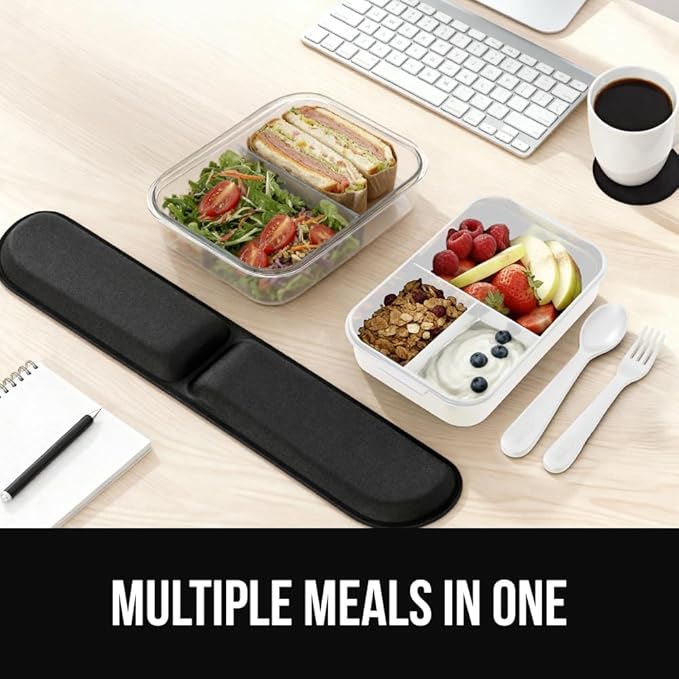 GORILLA GRIP BPA-Free Leakproof 5-Compartment Bento Lunch Box for Adults, Kids, Holds 10 Cups, Microwave Safe Hot and Cold Food Containers, Easy to Carry Lid Includes Built-In Utensils Set, White
