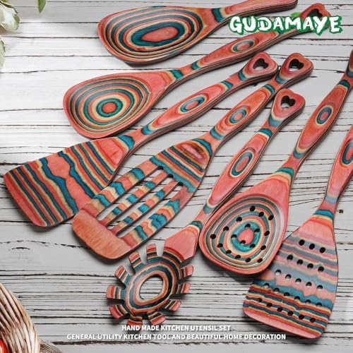 Gudamaye Pakkawood 7-Piece Wooden Cooking Utensils, Wooden Spoons for cooking, Wooden Utensil set, Pinkish-Orange Pakkawood Cooking Spoons, Non-Stick Spoon, Pakkawood kitchen utensils - Image 5
